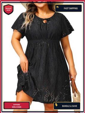 Plus Size Eyelet Swim Cover Up Dress - Short Sleeve Beach Bathing Suit Coverup